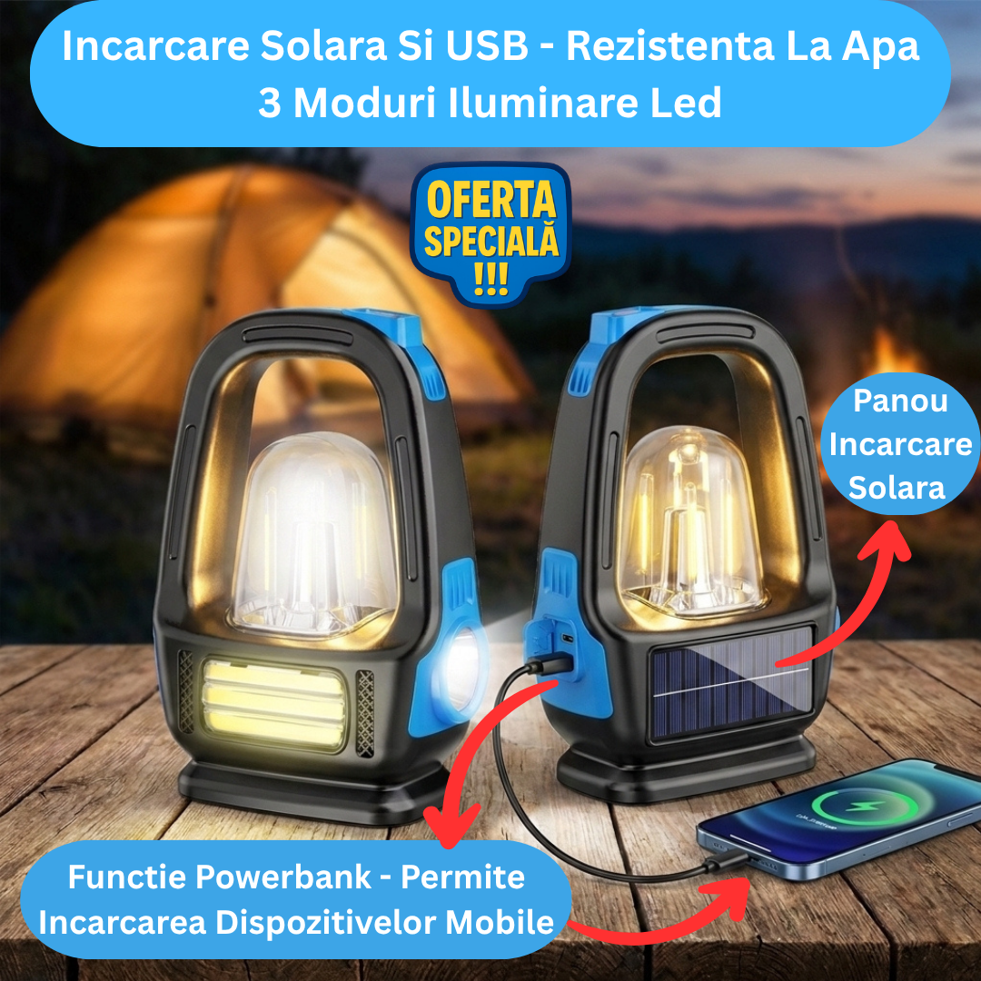 Lampă Tip Lanternă LED , Cu Incărcare Solara Plus USB, 3 Moduri, Multifuncțională