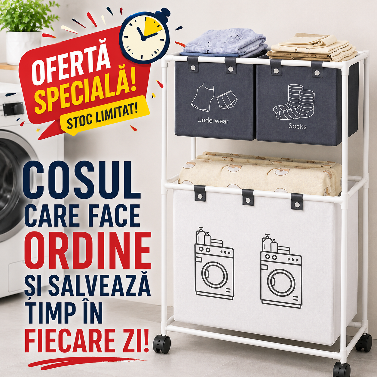 Coș Rufe 2 Niveluri, 3 Compartimente, Structură Metalică, 95x55x25cm