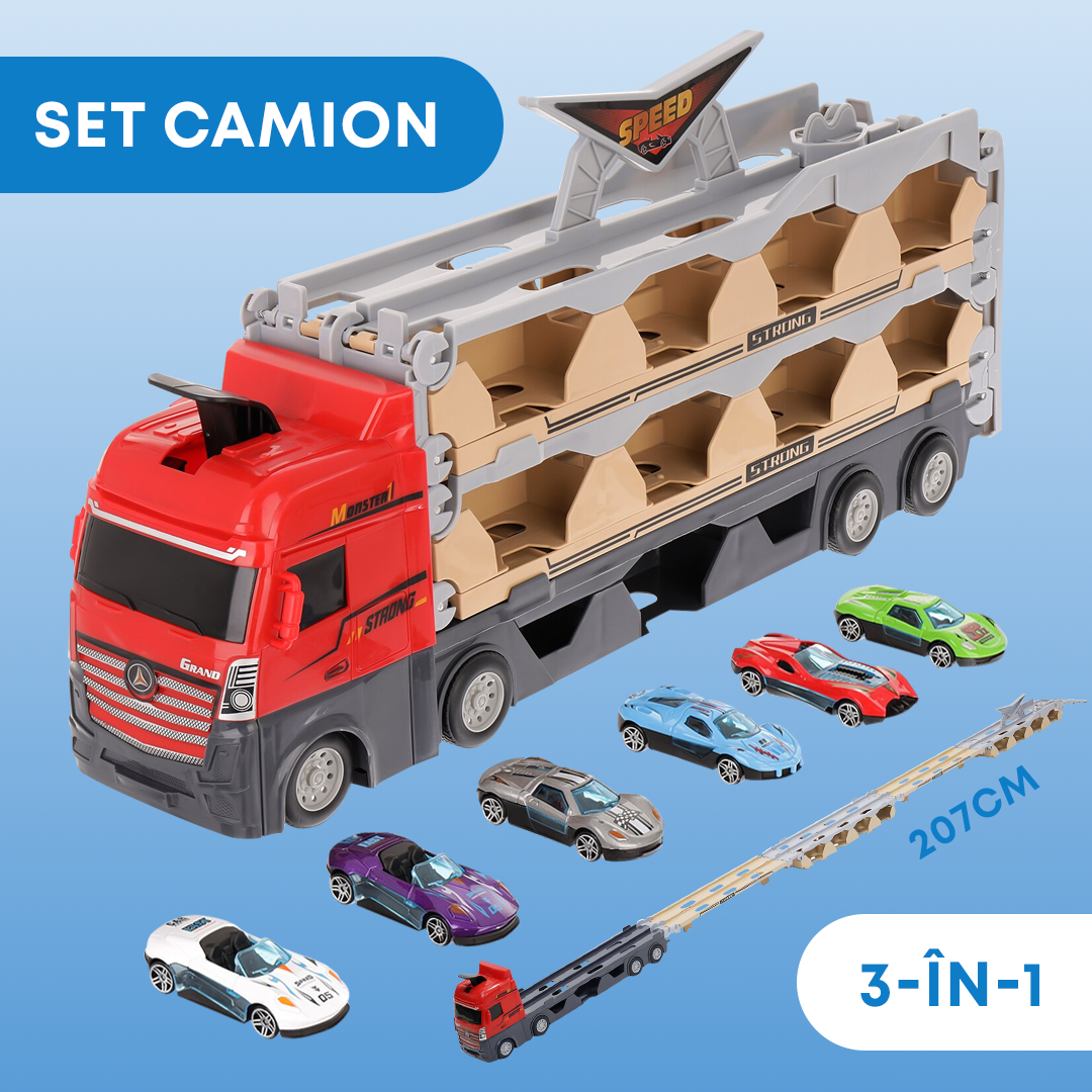 Set Camion Trailer Transformabil cu Pista de Curse 2.07m, 6 Mașini de Curse, Mecanism Pull-Back, 3 în 1 - Transport, Depozitare și Lansare