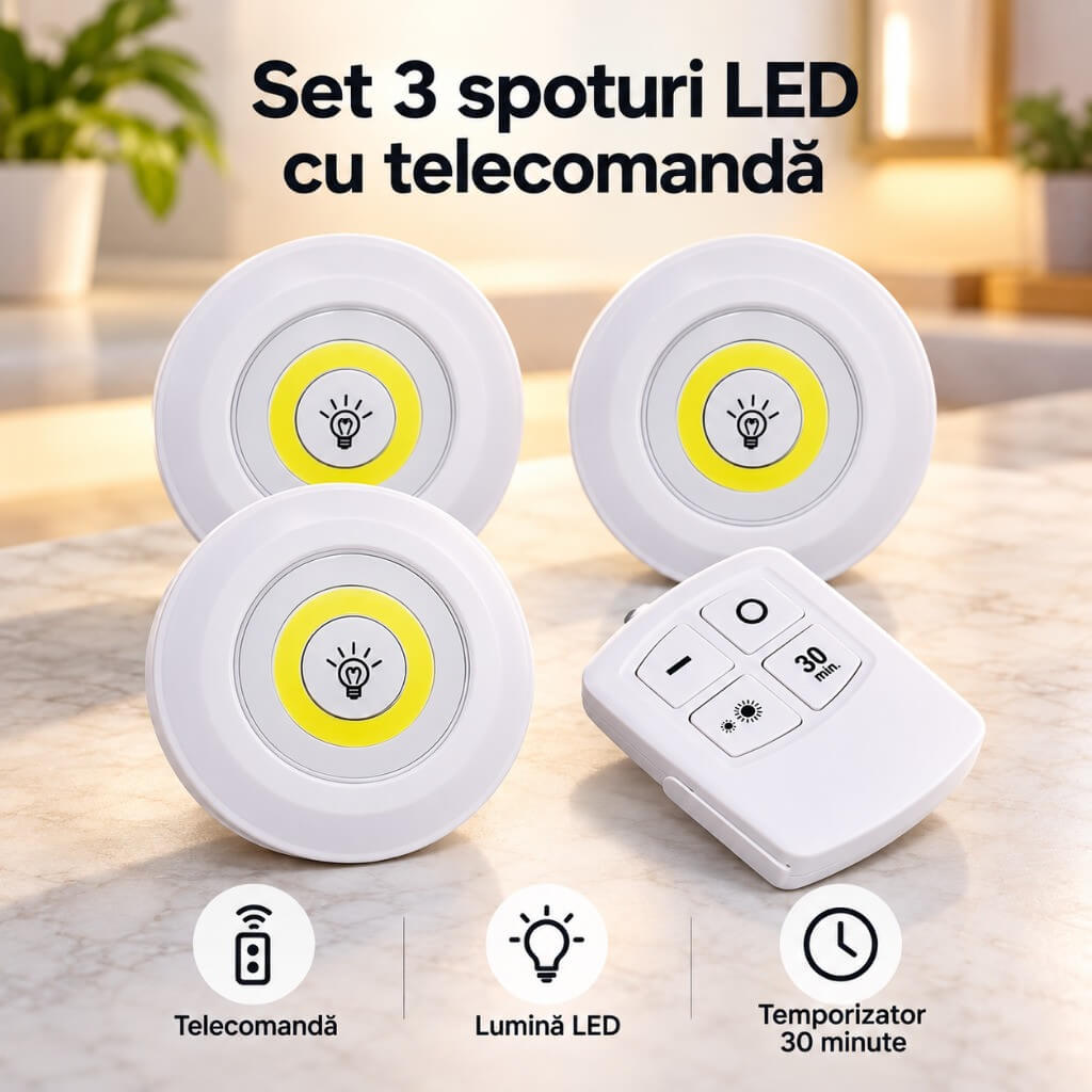 Set 4 spoturi LED cu telecomanda