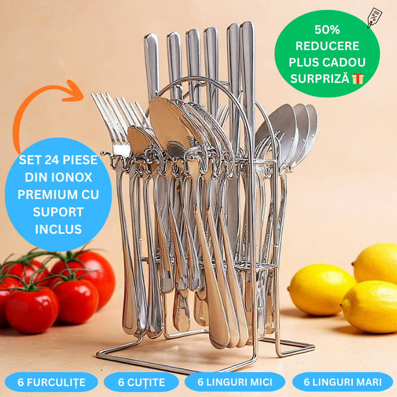 Set Tacamuri Inox 24 Piese Silver cu Suport, Elegant, pentru 6 Persoane