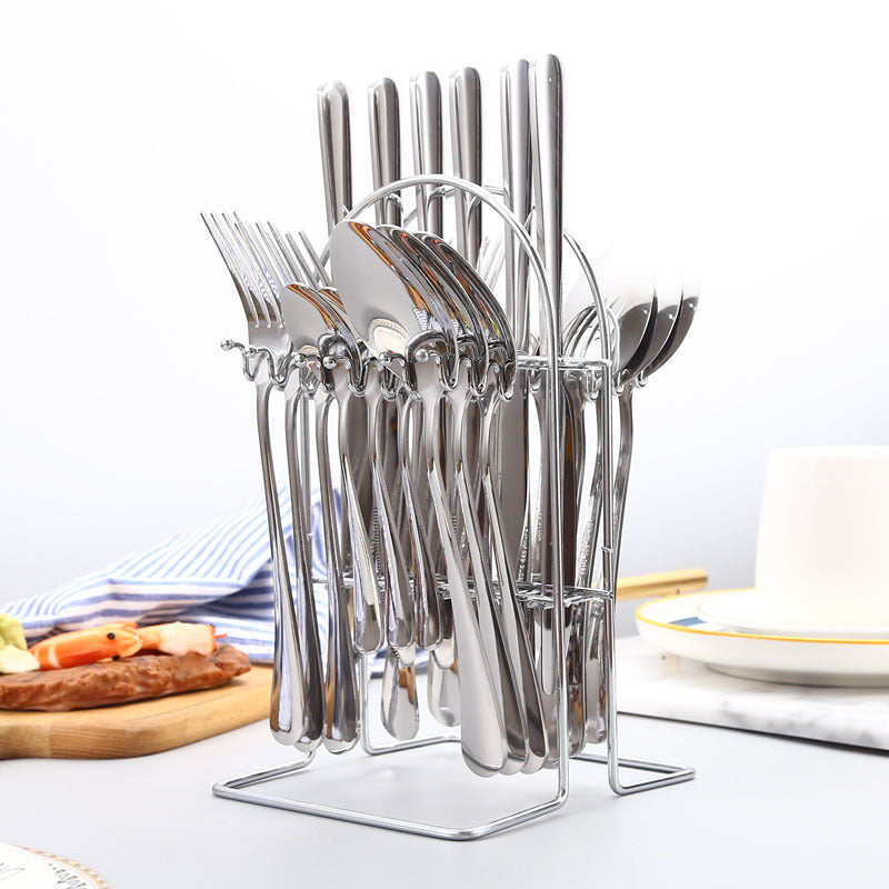 Set Tacamuri Inox 24 Piese Silver cu Suport, Elegant, pentru 6 Persoane