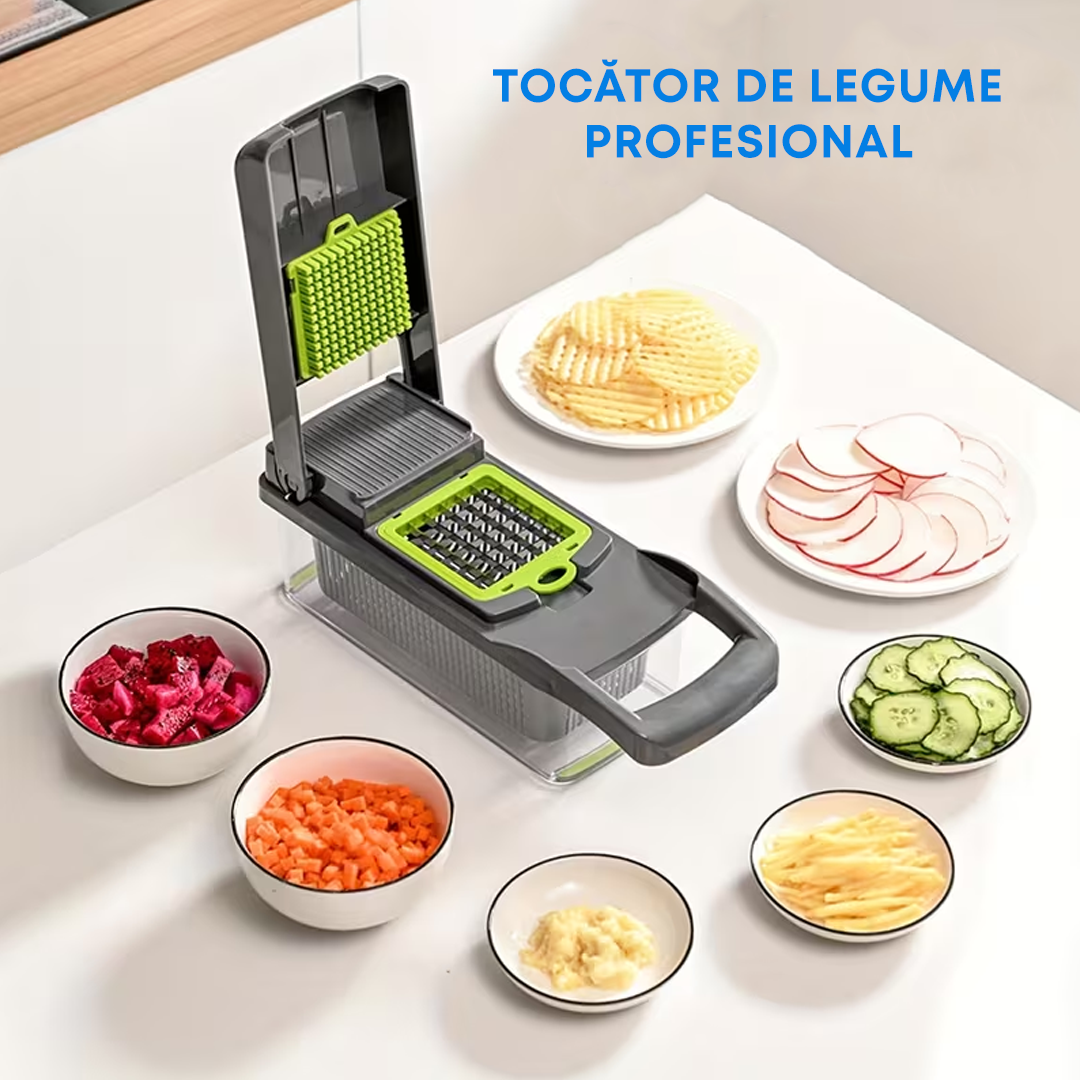 Tocator Multifuncțional 16in1 cu 16 Accesorii, Lame Inox, Caserolă și Cos Scurgere