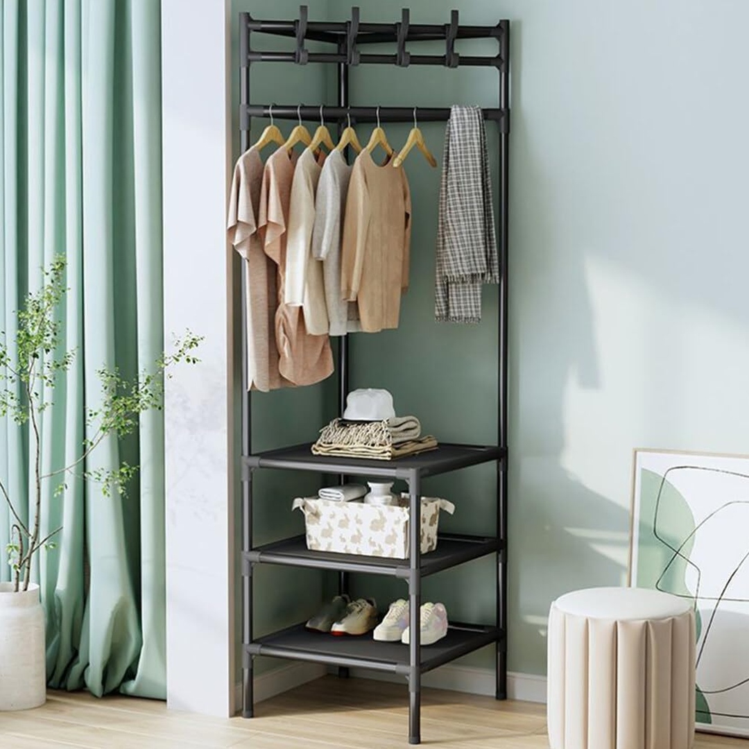 Cuier Metalic de Colț cu 2 Rafturi și Suport Umerașe, 45x45x180 cm, Negru