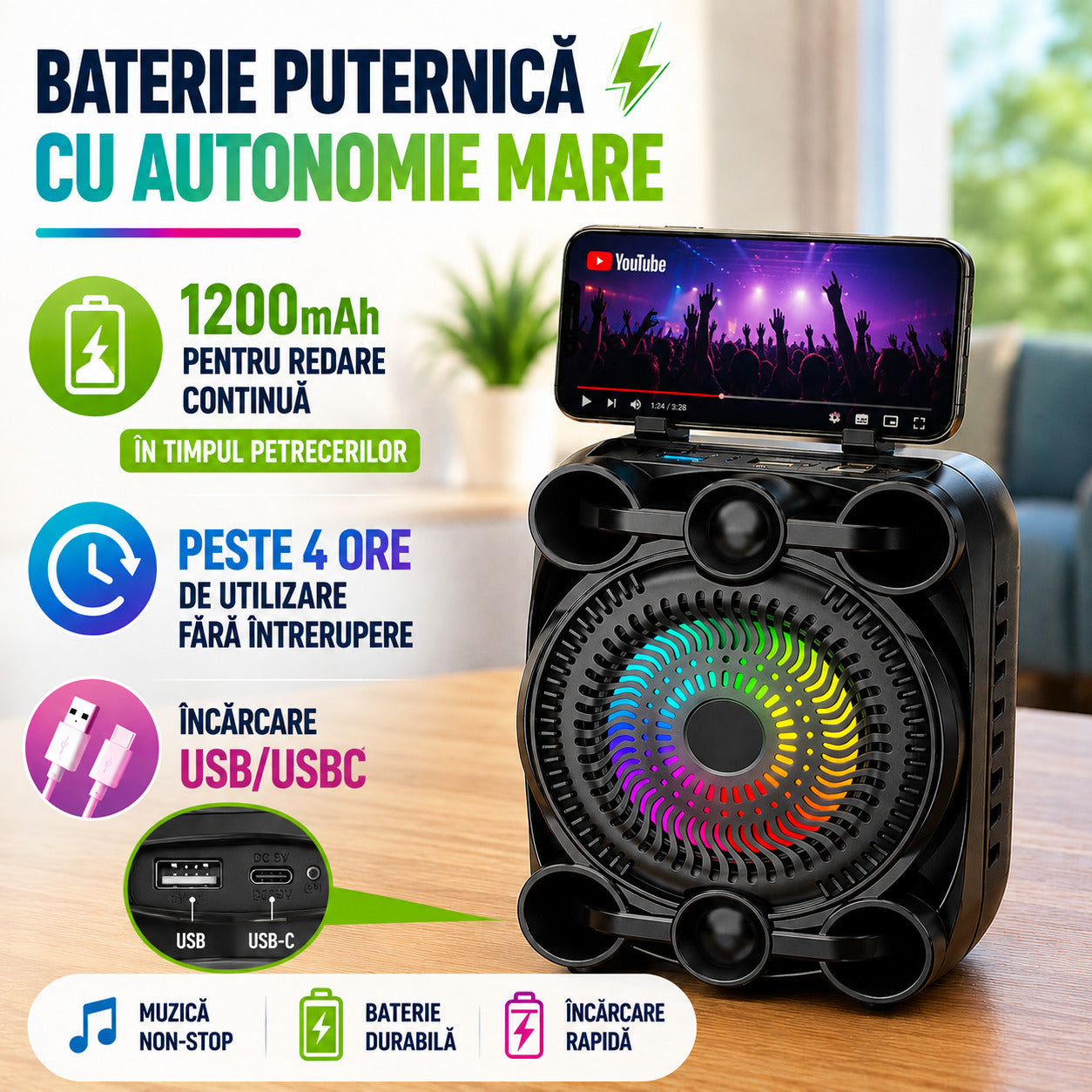 Baterie puternică cu autonomie mare si incarcare USB/USBC