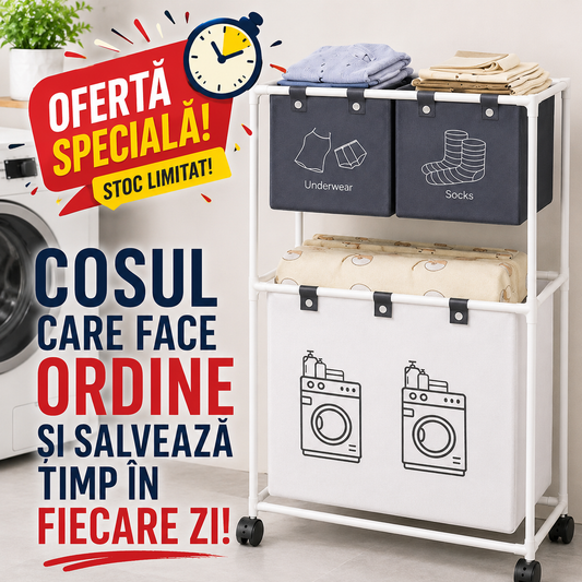 Coș Rufe 2 Niveluri, 3 Compartimente, Structură Metalică, 95x55x25cm