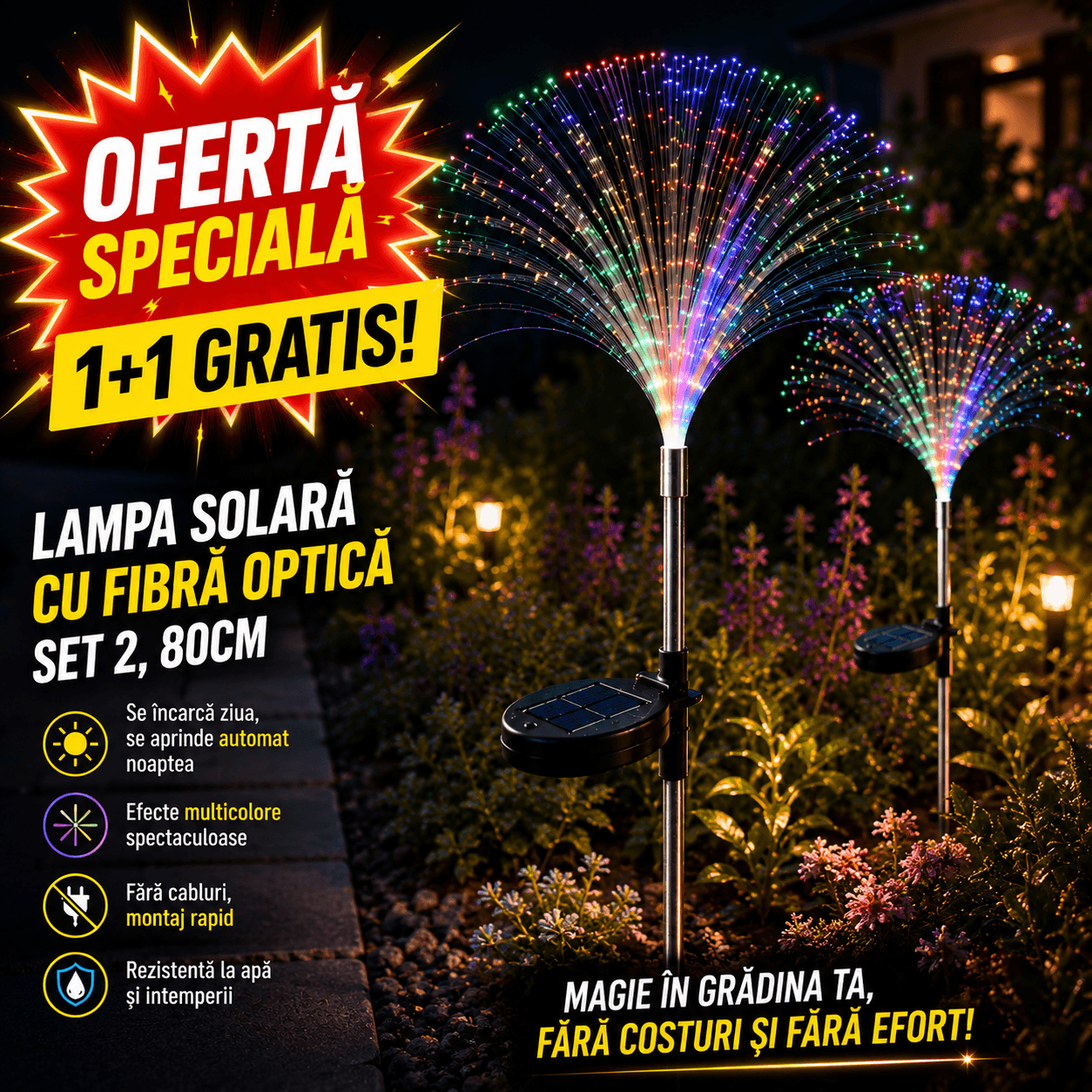 Lampa Solară cu Fibra Optică, Set 2, LED, 80cm, Multicolor, Exterior