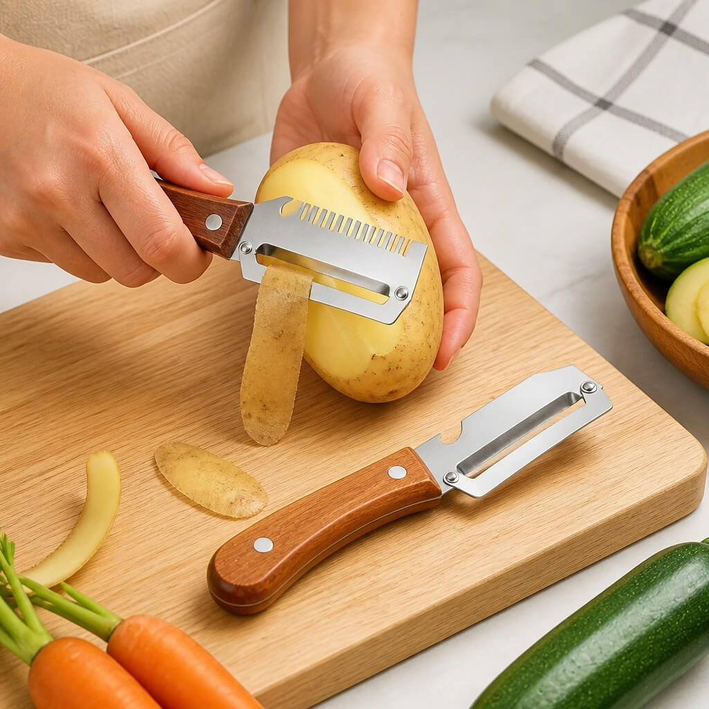Set de 2 cutite Curatator de Fructe/Legume , Desfacator de Sticle integrat , Multifunctional, Maner de Lemn