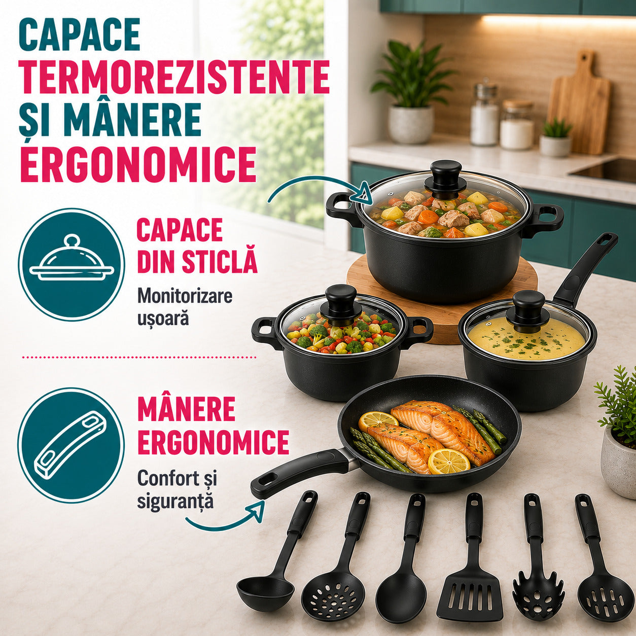 Capace termorezistente și mânere ergonomice
