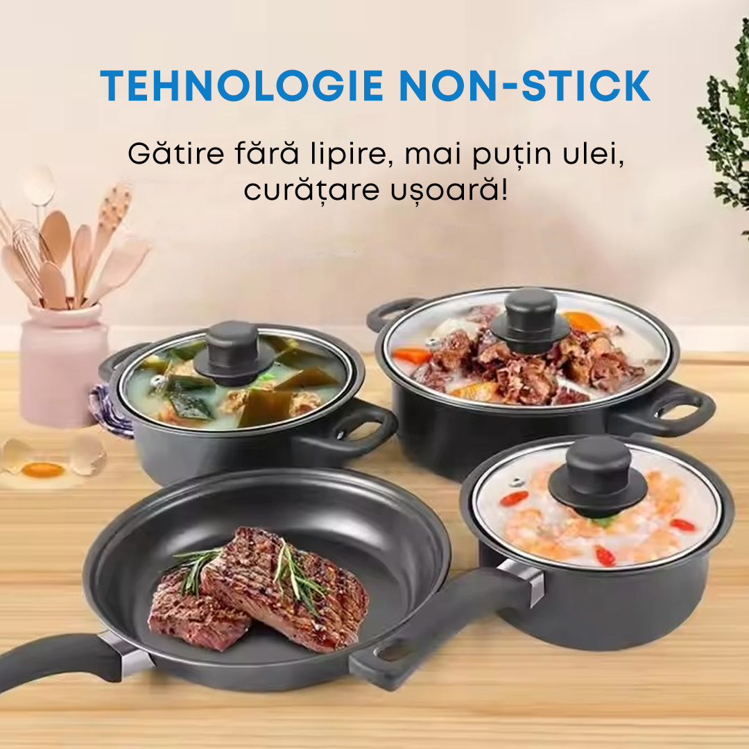 Set Vase de Gatit Antiaderent 13 Piese, Oale si Tigaie cu Capace Sticla, Ustensile Rezistente, Compatibil Inductie, Negru