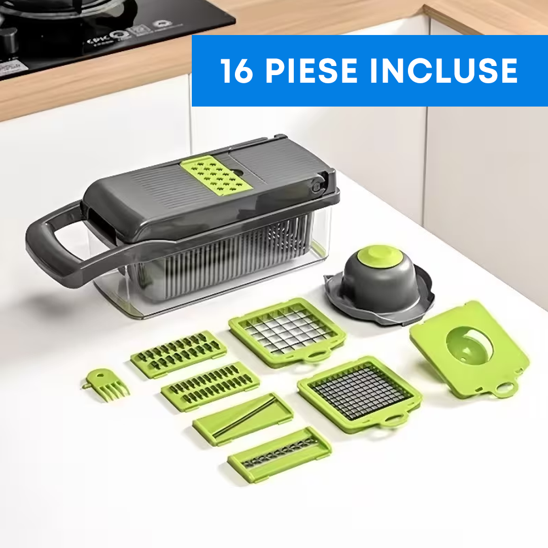 Tocator Multifuncțional 16in1 cu 16 Accesorii, Lame Inox, Caserolă și Cos Scurgere
