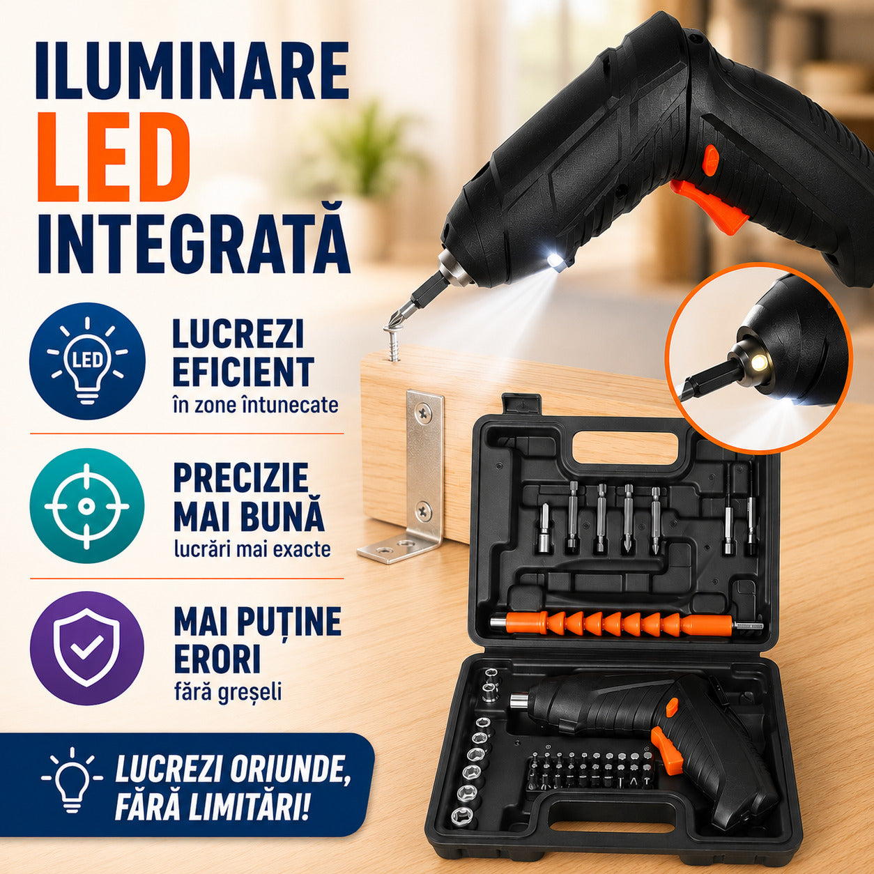 Șurubelniță Electrică Fără Fir cu Set Complet de Accesorii