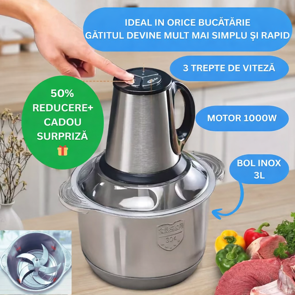 Tocator Electric Universal 1000W, Bol Inox 3L, 4 Lame, 3 Viteze, Pulse